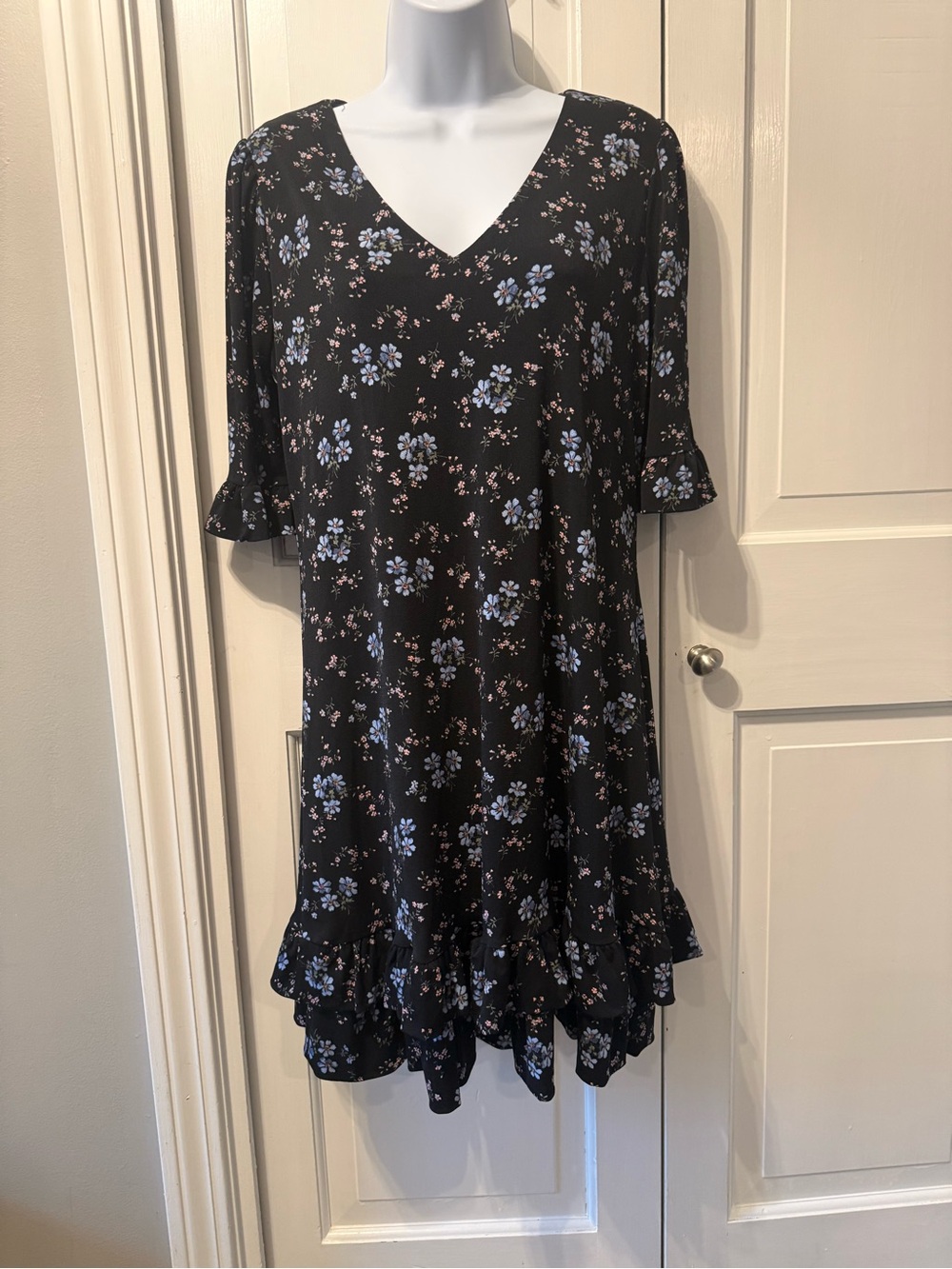 NWOT CeCe Black Mini Dress with Blue Floral Print